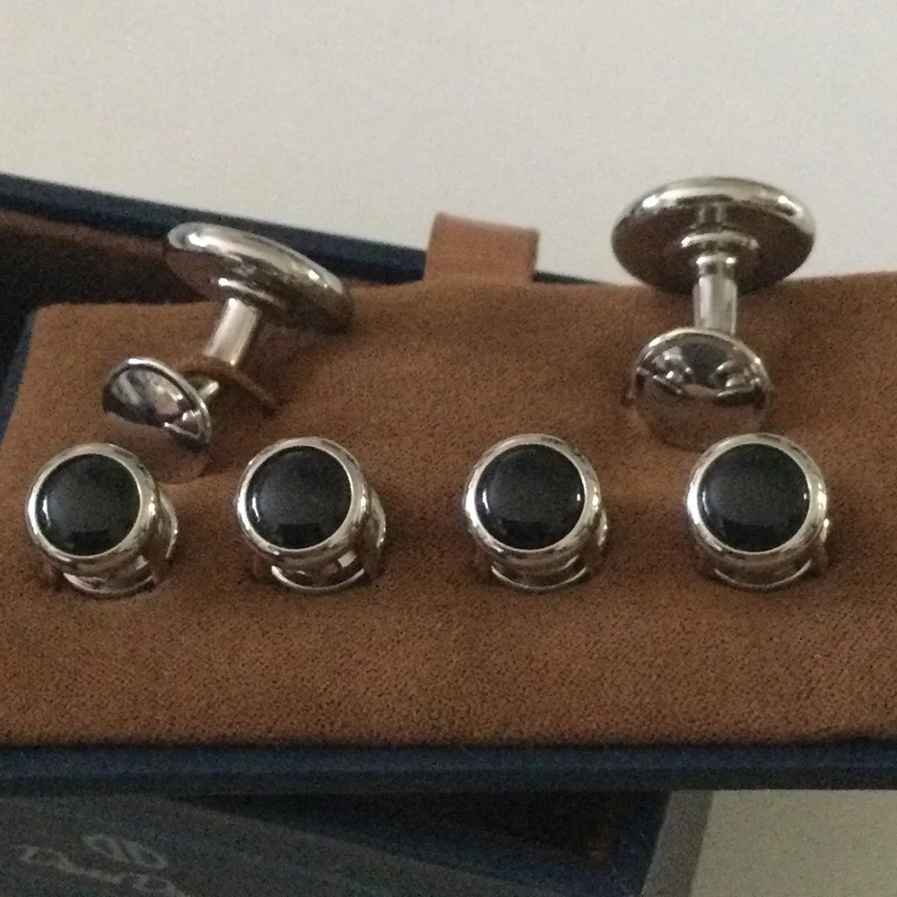 DAVID DONAHUE CUFF LINKS AND STUD SET SILVER BLACK ONYX NWT